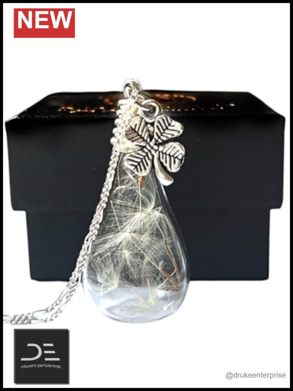 Real Dandelion Seed Four Leaf Clover Necklace 925 Sterling Silver Handmade